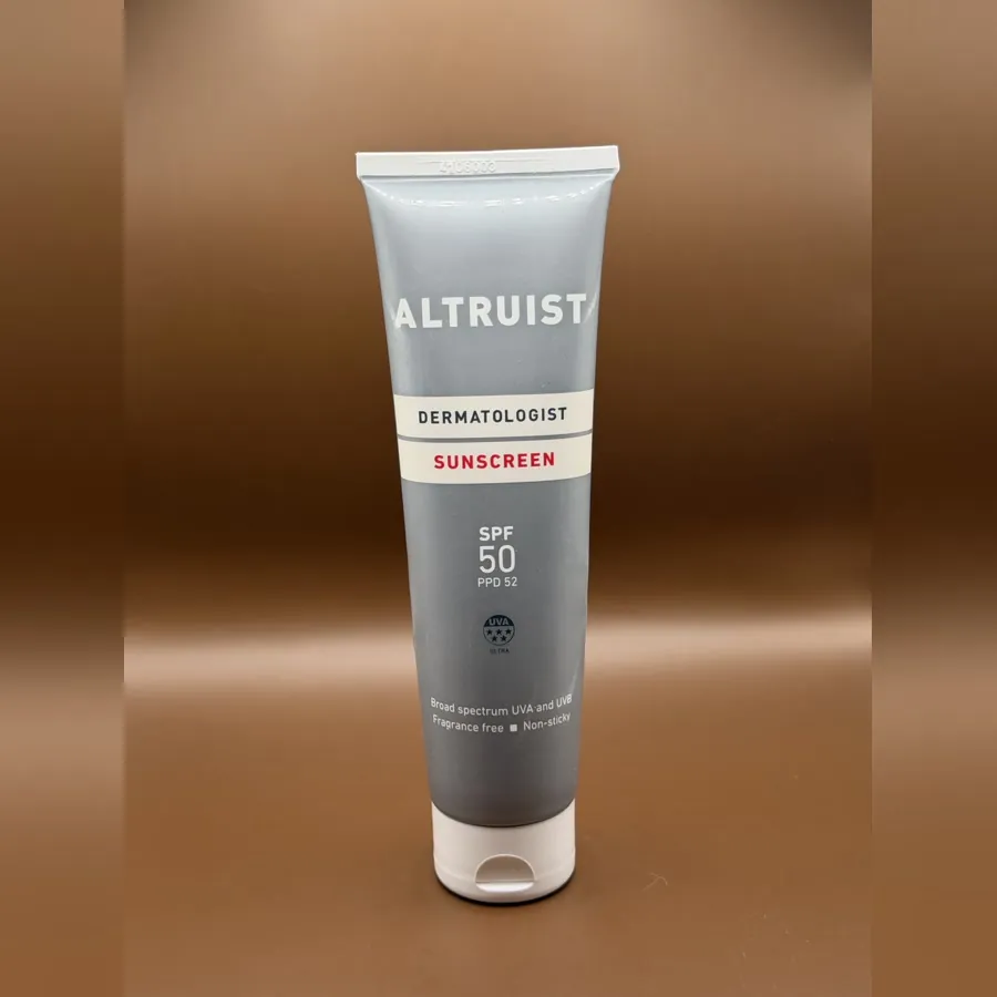 Altruist Dermatologist Sunscreen SPF50 in a grey and white squeeze tube